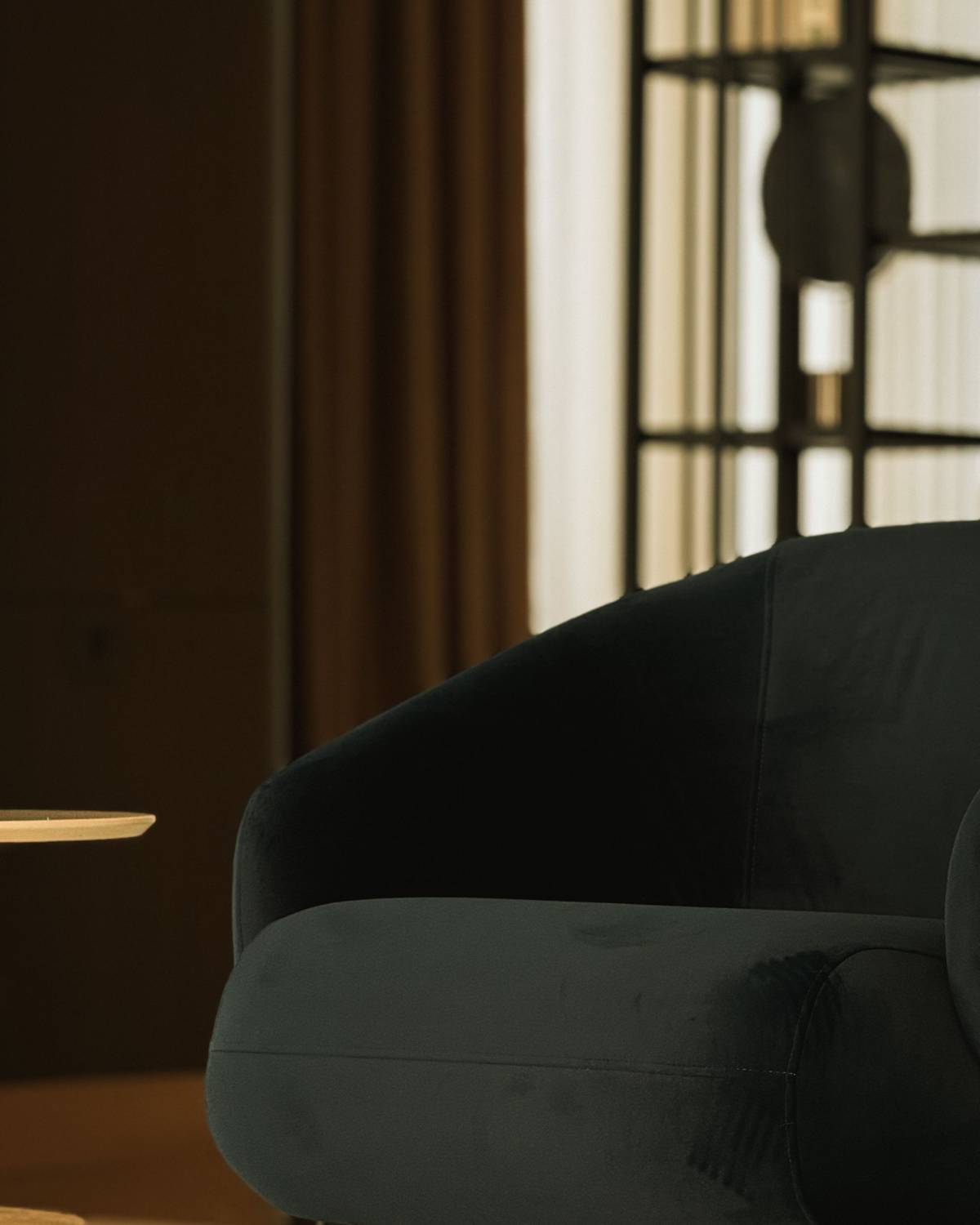 A dark velvet armchair in a softly lit room with a plant beside it